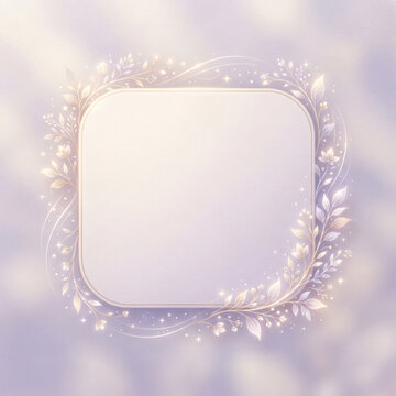 Soft purple glowing floral frame template with shiny leaves and stardust sparkles