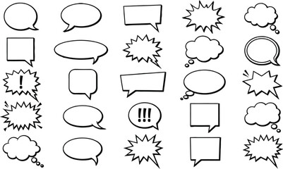 Hand drawn speech bubbles set, comic book dialogue balloons vector illustration, cartoon conversation elements, message boxes for graphic design © Masum Mia