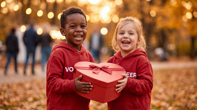 Two laughing kids, one Black and one white, in red hoodies hold a heart?shaped gift box outdoors for Giving Tuesday, sharing holiday charity for nonprofit websites.