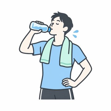 首にタオルをかけてペットボトルの水を飲む男性、運動後の水分補給と休憩のイメージ