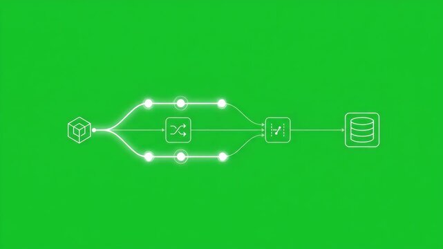 Data lineage workflow animation with data flow through processing nodes and database storage