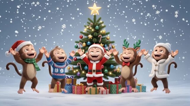 Cute monkeys celebrating Christmas with decorated tree and gifts in snowfall
