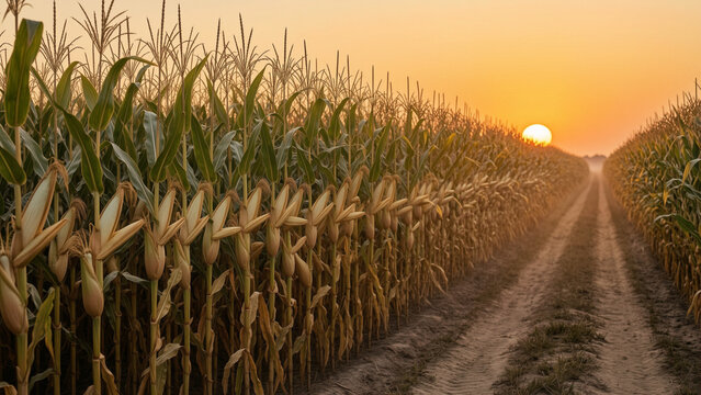 Corn field at sunset with rows of mature corn plants for Corn harvest season