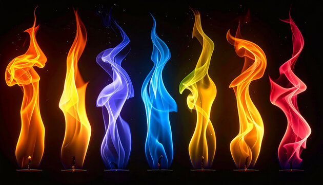 Seven Small Flames Different Vibrant Colors Red Orange Yellow Green Blue Set