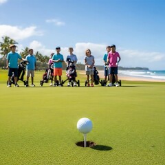 Obraz premium a golf club striking a white golf ball on a tee, with children walking in the warm sunny background.