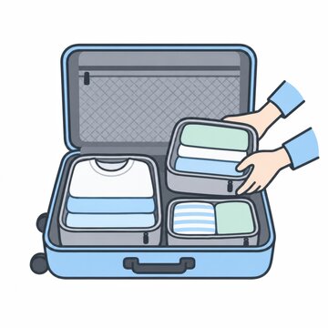 きれいに仕分けされたスーツケースにパッキングキューブを入れる手、荷物を整理する収納術のイメージ