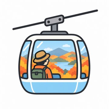 湖と紅葉の山を見下ろすロープウェイのゴンドラに乗る帽子姿の旅行者、空中散歩の観光イメージ