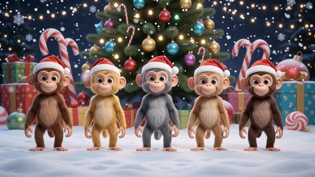 Five cute little monkeys wearing Santa hats standing together in winter holiday scene