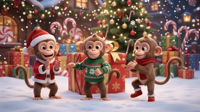 Three cute monkeys wearing festive clothing celebrating christmas in winter wonderland
