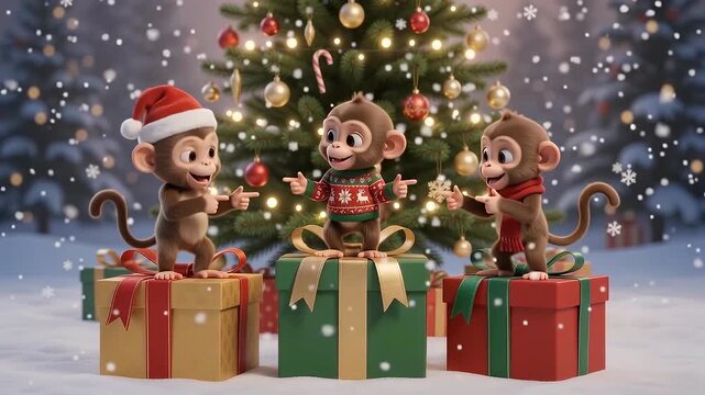 Three cute little monkeys wearing holiday clothes standing on Christmas gifts in winter snow