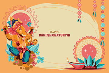 Fototapeta premium Happy Ganesh Chaturthi Festival Background with Lord Ganesha and Decorative Indian Elements