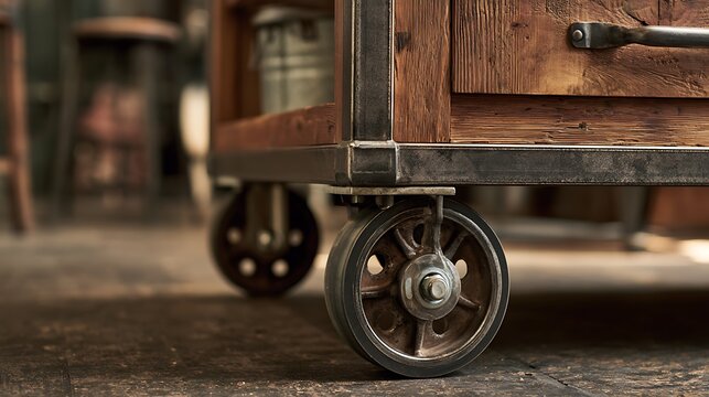 Industrial Style Furniture Detail Featuring Antique Metal Wheels.