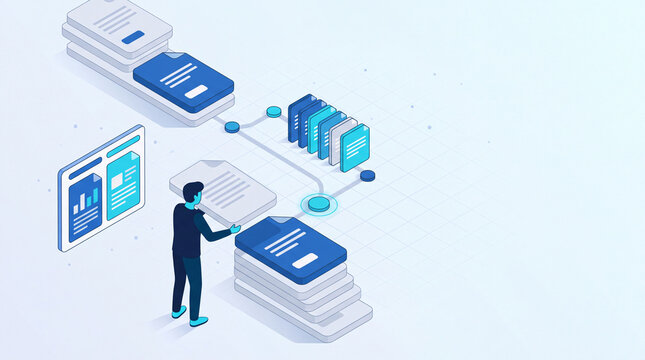 Document revisions branching and merging over time in isometric style