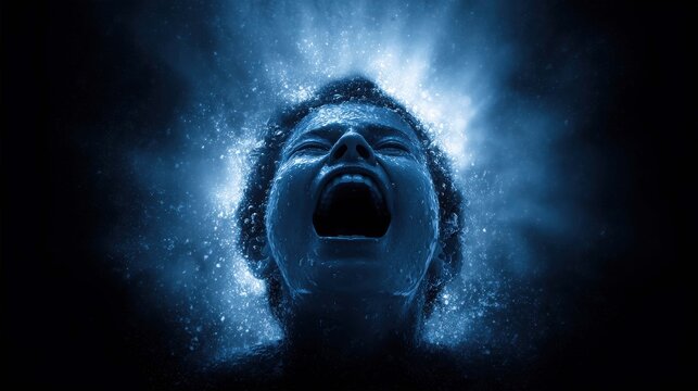 An expressive portrait of a person screaming in anguish, surrounded by an ethereal blue glow. The intense emotion and dramatic lighting create a powerful and unsettling visual
