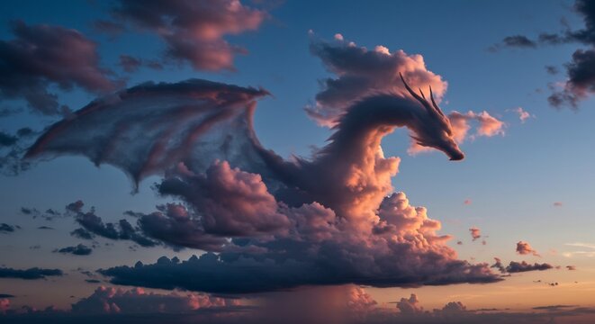 Dragon Cloudscape: A magnificent dragon-shaped cloud drifts serenely across a twilight sky, illuminated by the soft hues of sunset, evoking wonder and fantasy.