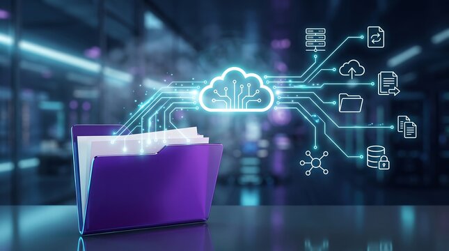 Purple office folder emitting glowing cloud computing network and various data icons representing secure digital asset management and efficient cloud synchronization in corporate environment