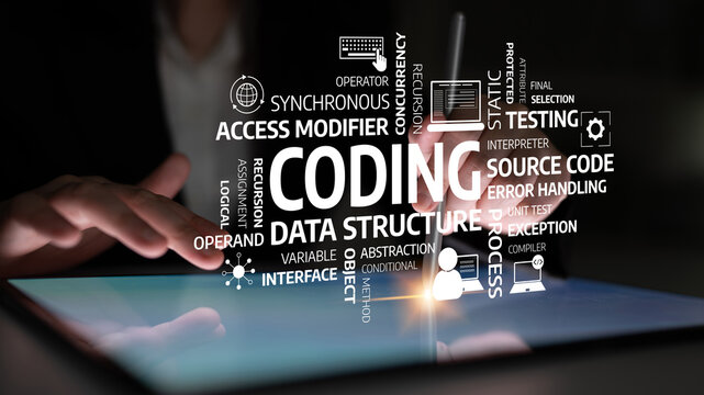 A close-up of hands interacting with a tablet showcasing coding terms, illustrating the essence of programming and modern technology in a creative way. Tessel