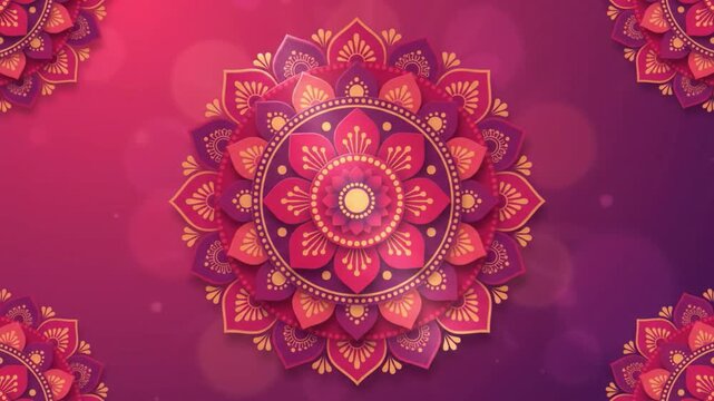 Layered floral mandala in pink purple and gold on festive background for durga puja navratri diwali and traditional indian hindu festival celebrations