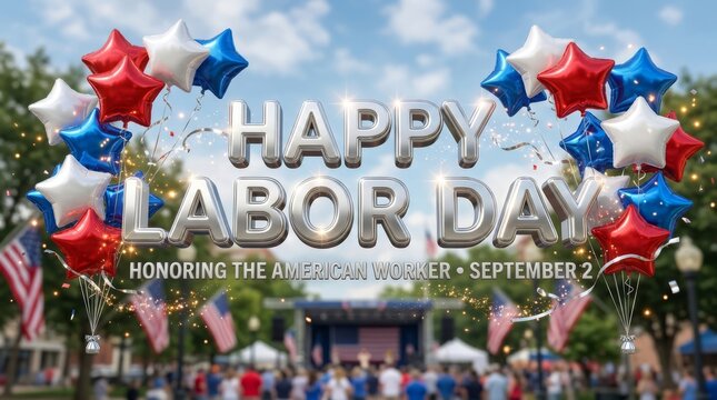 Celebration greeting honoring workers on festive outdoor holiday event with balloons with labor day