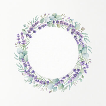 Round watercolor lavender wreath frame with eucalyptus foliage on clean white paper background