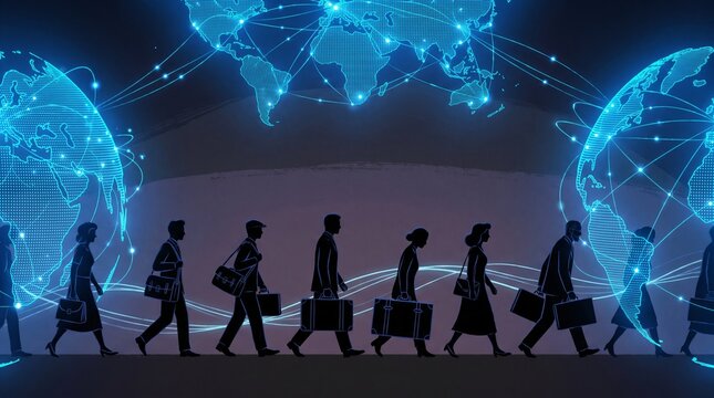 Silhouettes representing talented professionals migrating globally, with glowing blue digital world maps positioned, illustrating talent mobility, globalization, international workforce etc