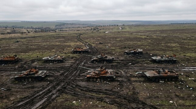 Destroyed tanks and armored vehicles on muddy battlefield
