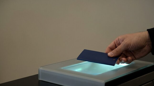 Close-up of a hand placing an electronic passport onto a glowing scanner for validation, providing ample copy space for text, illustrating modern security procedures and access control systems