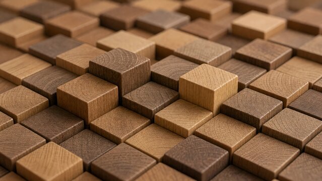 Abstract Geometric Pattern of Wooden Cubes Creating a Textured Three-Dimensional Surface Design with Earthy Tones and Dynamic Shadows