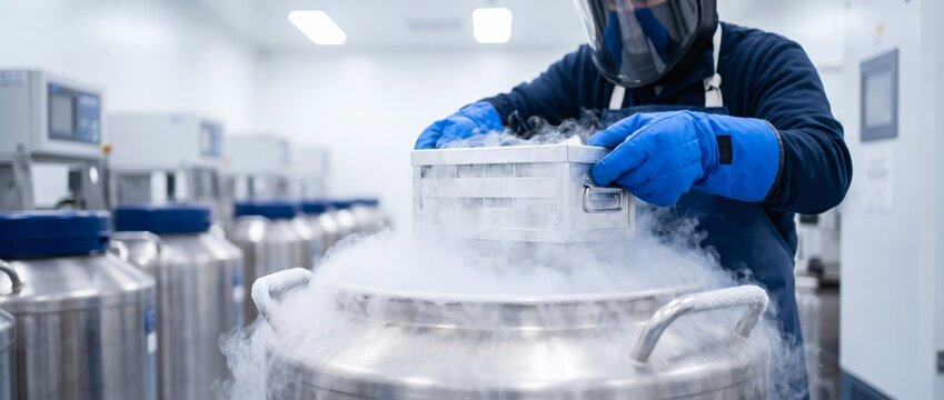 Scientist in protective cryogenic thermal gloves removing frozen biological samples from liquid nitrogen tank. Biobank cryopreservation storage facility in research lab. Banner, copy space.