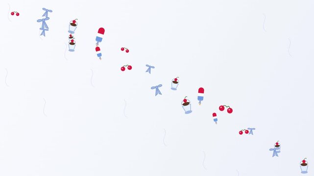 Abstract background featuring falling cherries blue bows and red white blue striped popsicles cherry blue bow popsicle dessert sweet cherry blue bow popsicle dessert