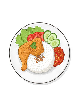 Nasi putih dengan ayam goreng, sambal dan sayuran