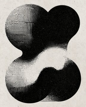 Retro newspaper print texture, abstract amorphous shapes, large black and white halftone dots