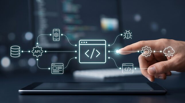 Software engineer hand touching digital web development icon on interface featuring API and cloud deployment workflow for modern application architecture and system integration