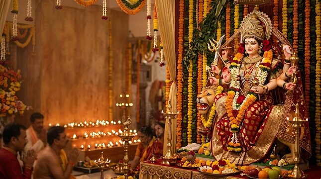 Colorful Hindu Goddess Statue Decorated with Garlands and Ceremonial Lamps