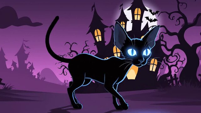 Black cat with a Halloween background.