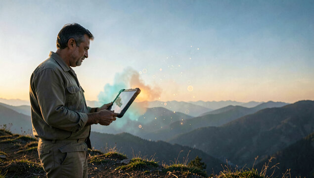 Man holding tablet projecting augmented reality onto mountains