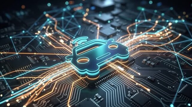 Autonomous Vehicle Technology: A futuristic car icon glows with neon light, embedded within a complex circuit board, representing advanced artificial intelligence and the future of transportation.