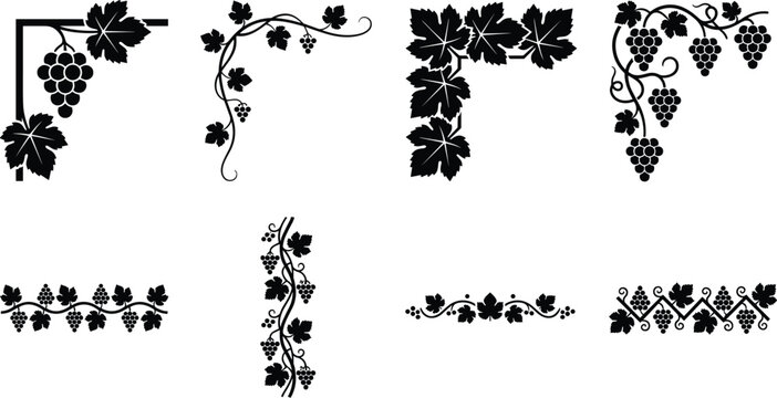 Elegant grapevine silhouette corner and border design elements set featuring black wine grape bunches with decorative climbing leaves
