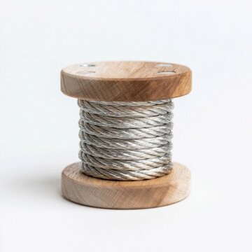 Spool of steel wire rope wound on wooden bobbin
