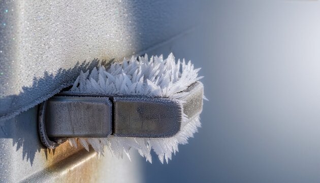 Frost clings to a metal door handle