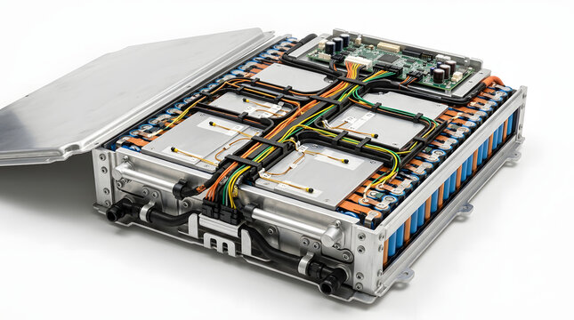 EV battery pack interior showing lithium ion cell modules, busbars, wiring harness and battery management system components for electric vehicles