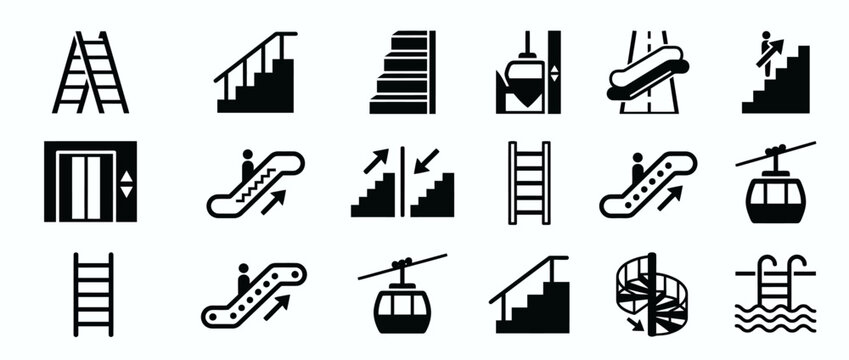 Set of elevator escalator and staircase icons for building navigation and transport