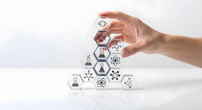 Scientist hand stacking glass hexagons with science and research icons, biotechnology development and educational concept