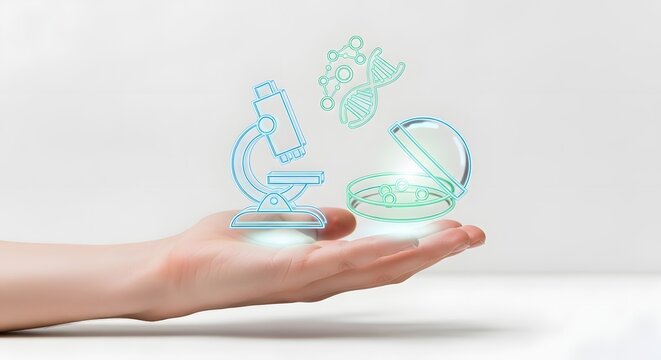 A person's hand holding glowing digital science and medical research holograms including microscope and DNA
