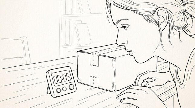 Woman intently observing a cardboard box with a timer counting down