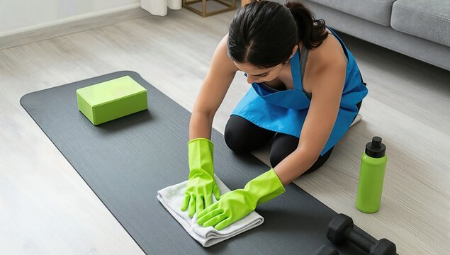 Young Woman in Blue Apron Wearing Green Rubber Gloves Cleaning Yoga Mat with White Cloth in Bright Modern Living Room with Fitness Equipment and Dumbbells on Light Wood Floor