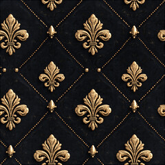 Fototapeta premium Seamless pattern golden fleur de lis emblems creating a luxurious seamless quilted pattern on dark fabric with elegant decorative studs