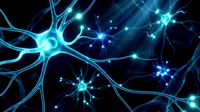 3D Cyan Neurons Firing Electrical Signals in Brain Network
