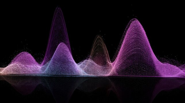 Abstract sound wave visualization with colorful peaks and valleys representing audio frequencies and vibrations against a black background