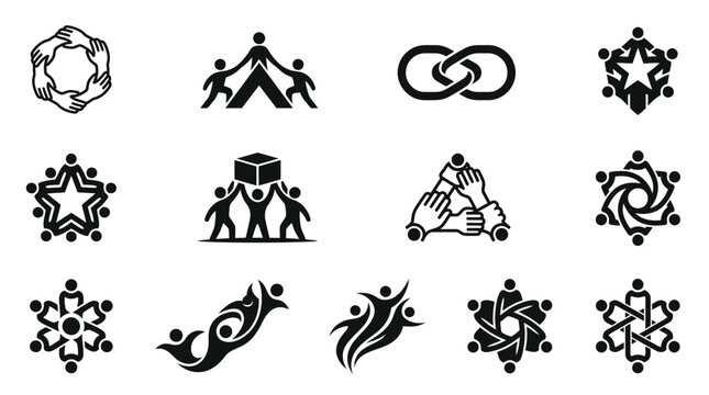 Teamwork silhouettes illustrate unity, community support, connected links, and collaborative partnership designs.